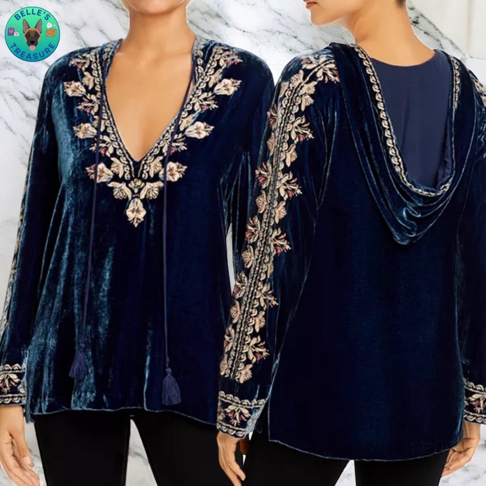 JOHNNY WAS EMI VELVET EMBROIDERED HOODIE TUNIC Silk Blend Women’s SMALL RARE